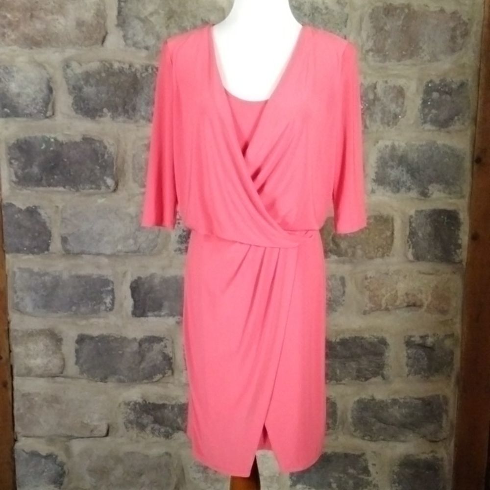 Adrianna Papell Coral Pink Draped Faux Wrap Midi Dress Size 6‎